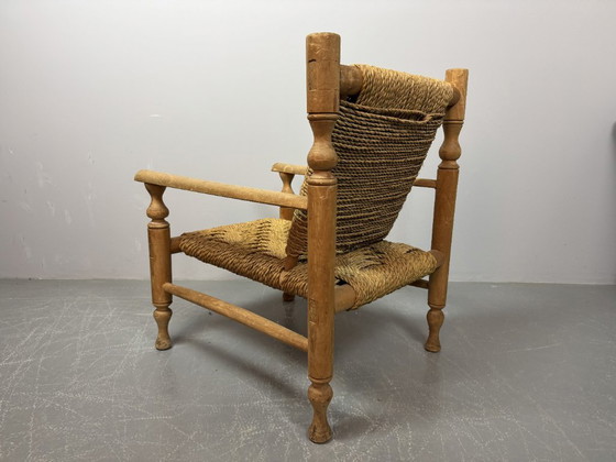 Image 1 of Charlotte Perriand Style Beech Wood Easy Chair with Sisal Rope Wickerwork, 1960s.