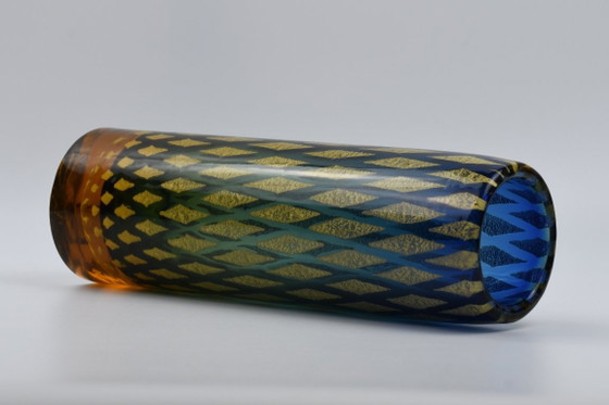 Josef Hospodka vase, Chřibská glassworks, design 1966 – blue/yellow net pattern, 27 cm – Chribska (photo 2 of 8)
