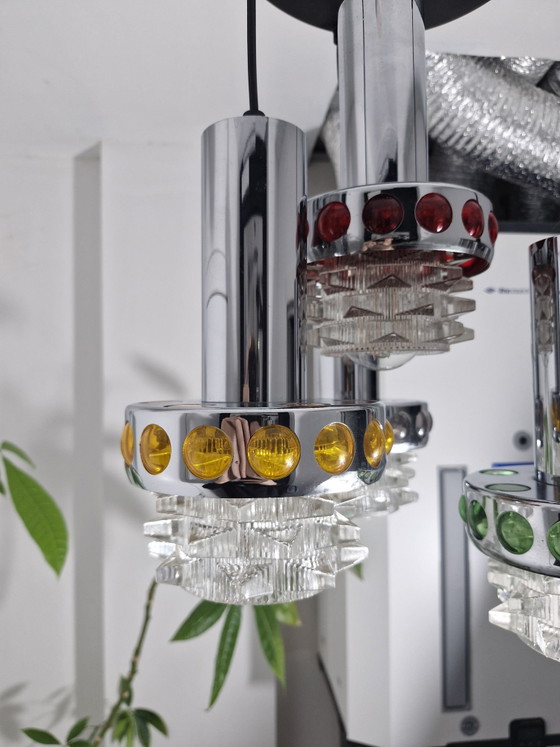 Pendant lamp with four light points, chrome, textured glass and colored accents, Space Age, Ceiling lights (photo 9 of 15)