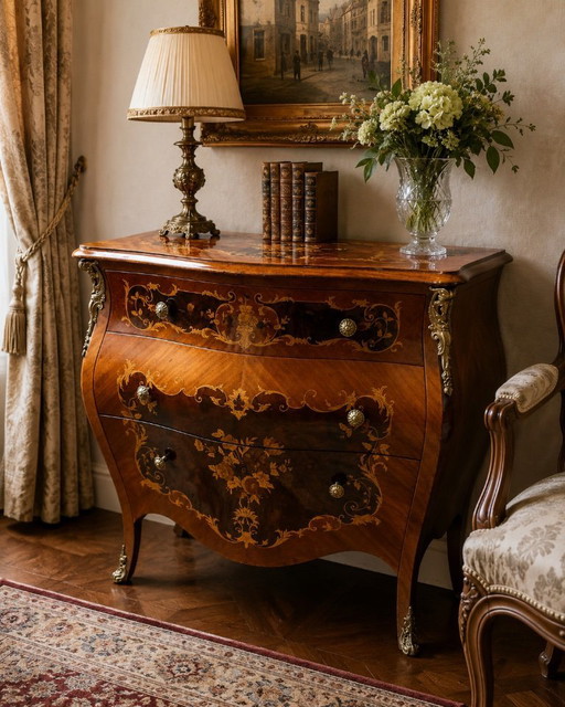 Louis XV-style chest of drawers with marquetry and bronze fittings.