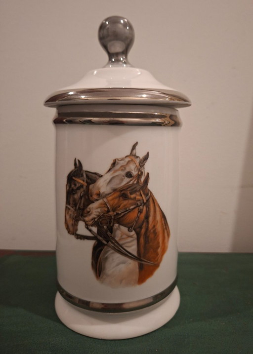 Tarro Porcelana CP Limoges Con Motivo Ecuestre - Charles Paroutaud – Bote Decorativo Vintage Tipo Albarelo