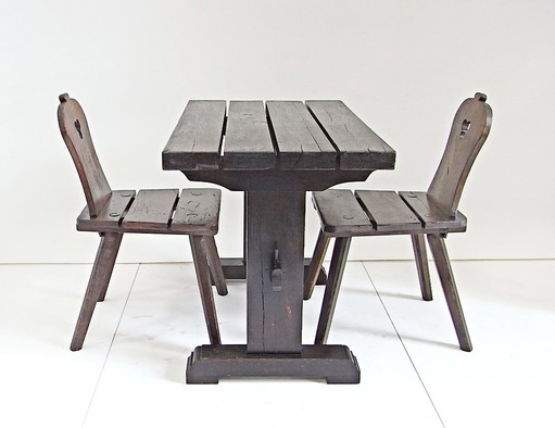 ALFONS Gartenmöbel-Set, Tisch mit 2 Stühlen, handgefertigt, massive Eiche, 1970er Jahre