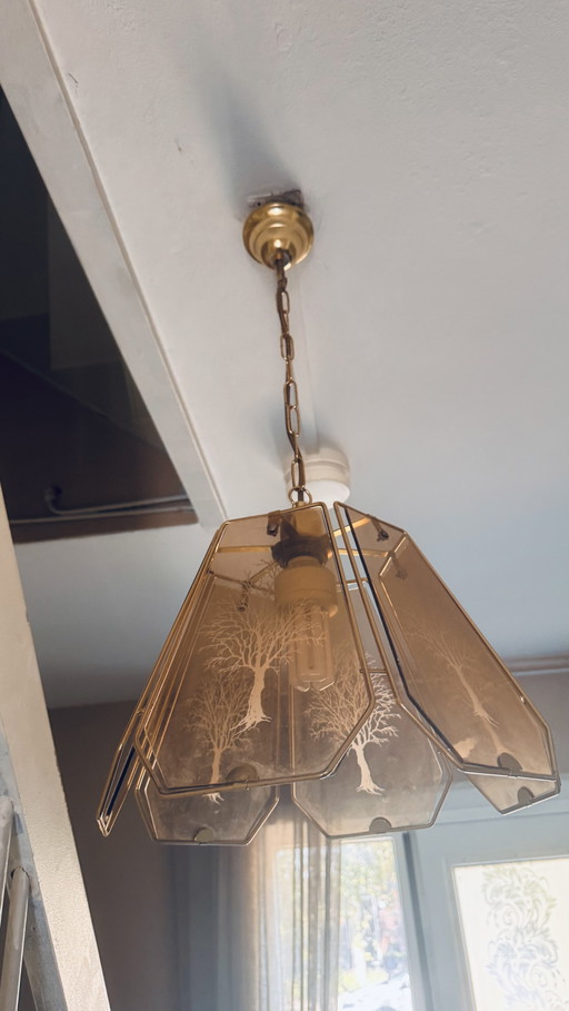 Vintage Hollywood Regen-Pendelleuchte, Messing und geätztes Glas – hanglampen, Brass
