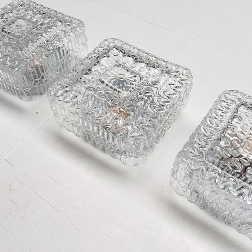 Set of 3 ice glass ceiling lamps, 1970s
