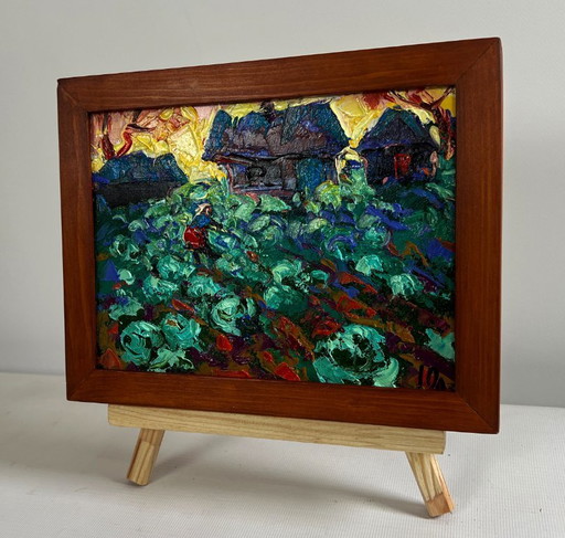 Original Oil Painting Sunset Village Landscape In the evening in the garden