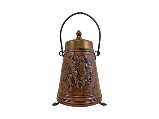 Antique Style Copper Coal Scuttle with Relief Figures – Vintage Decorative Bucket / Log Holder