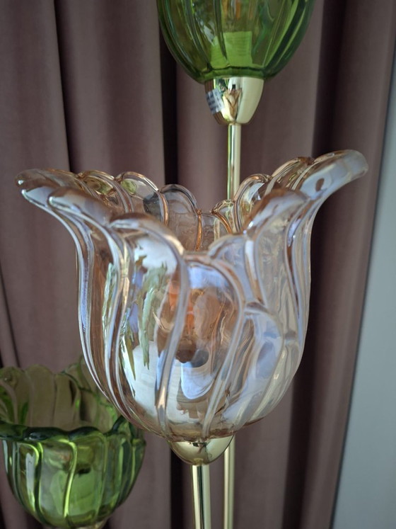 Image 1 of Lámpara de pie triple Ilaria, cristal floral verde/rosa.