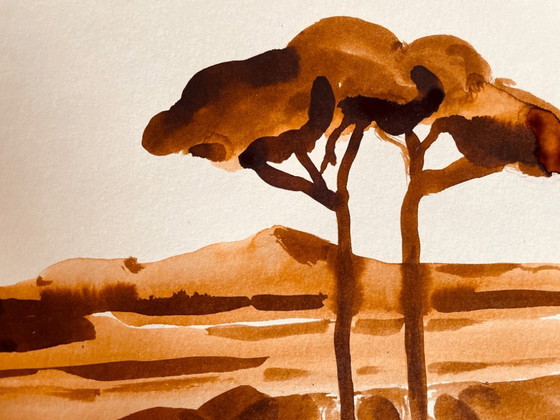 Image 1 of Monochrome watercolor signed in tobacco color, "umbrella pines on Mount Ventoux"