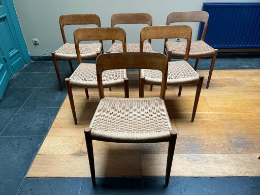 6 Deense Designstoelen Møller, Model 75 – eetkamerstoelen, Wood
