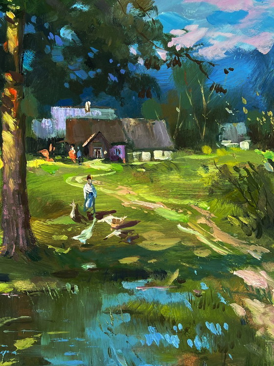Image 1 of Original Oil Painting Nature Landscape Countryside Swamps near the Village