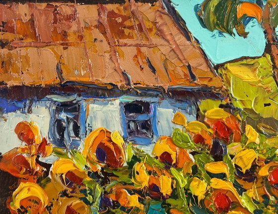 Image 1 of Original Oil Painting Village Flowers Landscape Yellow song of summer