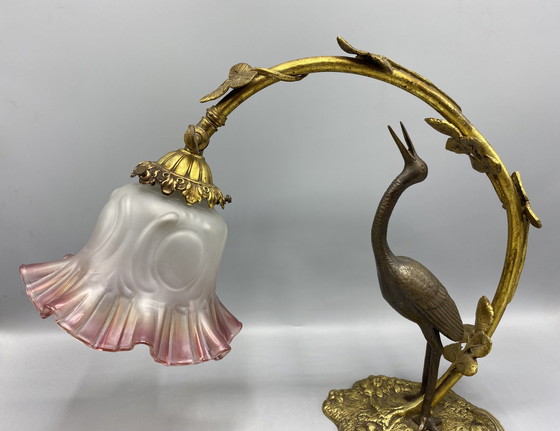 Image 1 of 1 lampada da scrivania in bronzo Art Nouveau con airone
