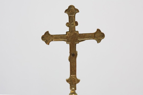 Image 1 of French Antique Catholic Alter or table Crucifix in cast copper, 1900s
