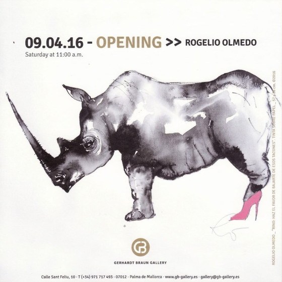 Image 1 of Bronze Rhinoceros statue with matching watercolor painting in cast iron frame