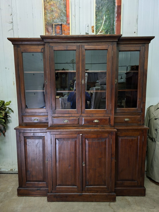 Image 1 of Vetrina, credenza e credenza in stile coloniale in teak, 183x57 cm e 220 cm di altezza.