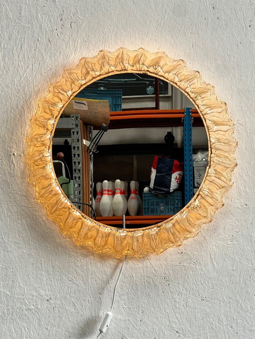 Vintage Wandspiegel, Rond, Met Verlichting, Duitsland 1970's