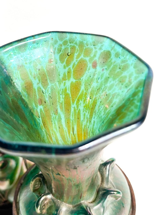Pair of 1920s Loetz Glass and Wrought Iron Vases – Art Nouveau (photo 4 of 21)