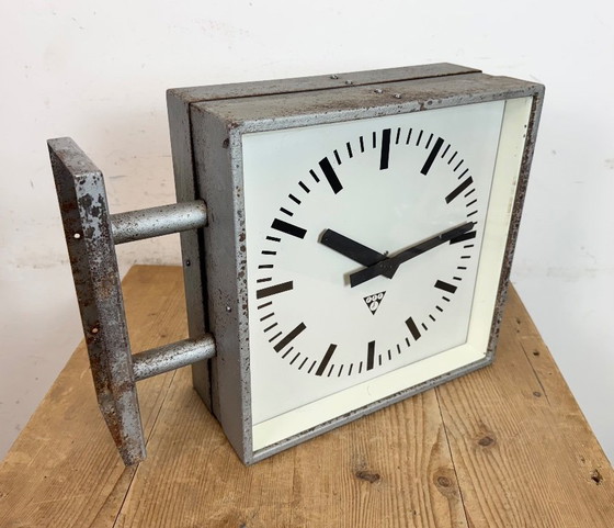 Image 1 of Industrial Square Double Sided Factory Wall Clock from Pragotron, 1970s