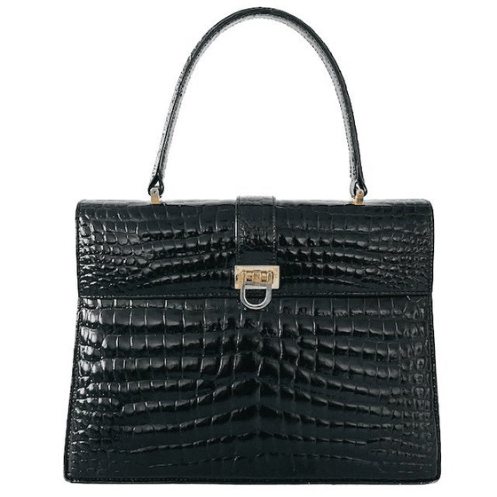 Image 1 of Sac à main vintage Vimar Paris en cuir verni noir imprimé crocodile, années 1960