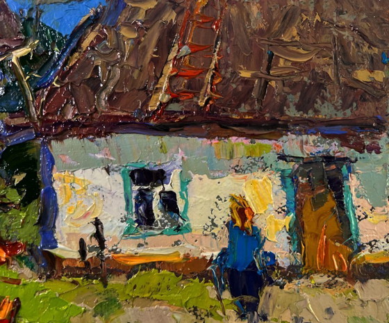 Image 1 of Original Oil Painting Summer Village Landscape Quiet evening courtyard