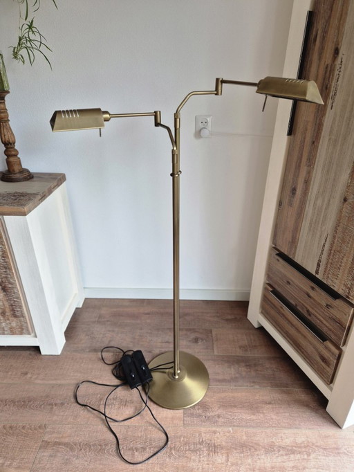 Dubbele Leeslamp - Vloerlamp - Notaris vloerlamp - Dimmer - Metaal - Koper/Bronskleurig - In hoogte verstelbaar - Zwenkarm.