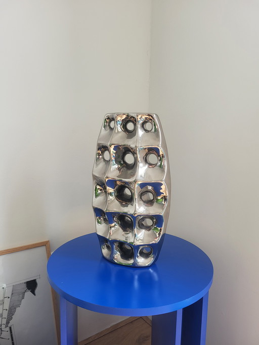 Vaso vintage in cromo e argento, stile spaziale.