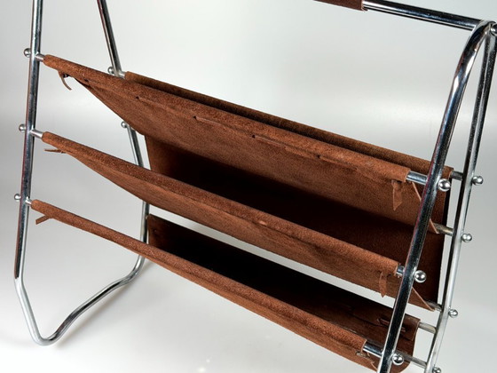 Image 1 of 1960s/70s Newspaper Holder/Magazine Stand, Metal/Leather, Mid-Century Design