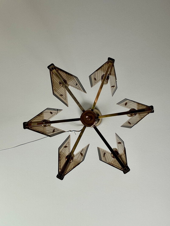 Image 1 of Massive Vintage Design Brass Chandelier With Etched Glass