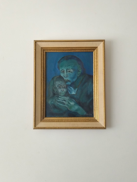 Image 1 of Vintage painting from the 1960s/70s, inspired by Picasso's Blue Period, signed Colette, 51x41 cm