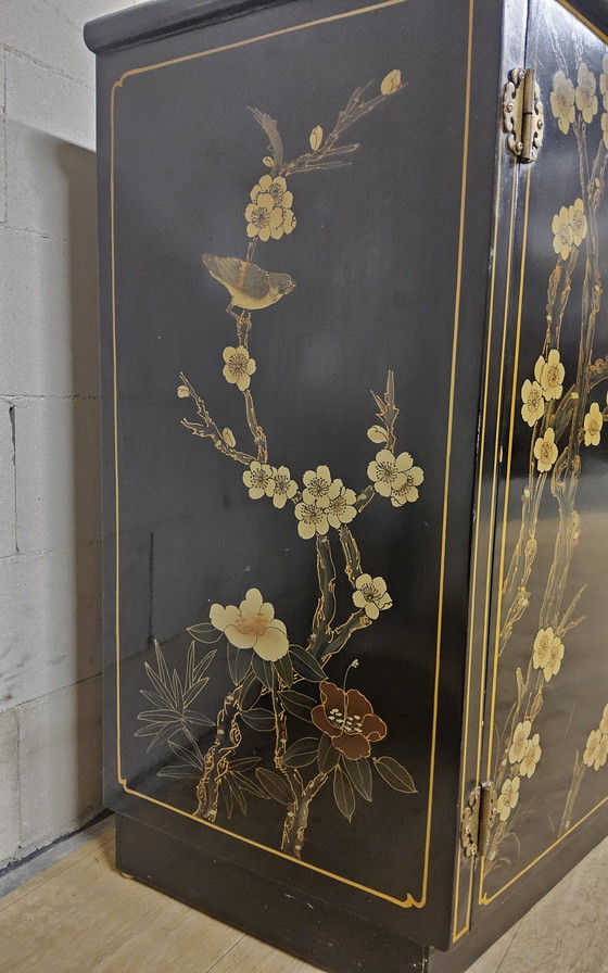 Image 1 of Vintage Chinese Sideboard / Lacquer Cabinet (Black / Birds) Bohemian / Oriental Chest of Drawers
