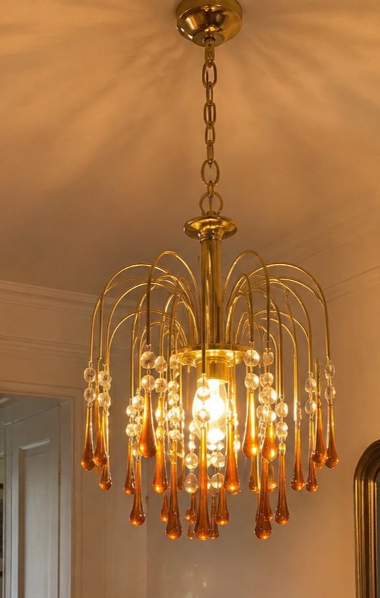 EMME PI LIGHT Italian Vintage Cascade Chandelier – Amber Glass & Brass – 1980s – Metal (photo 3 of 8)