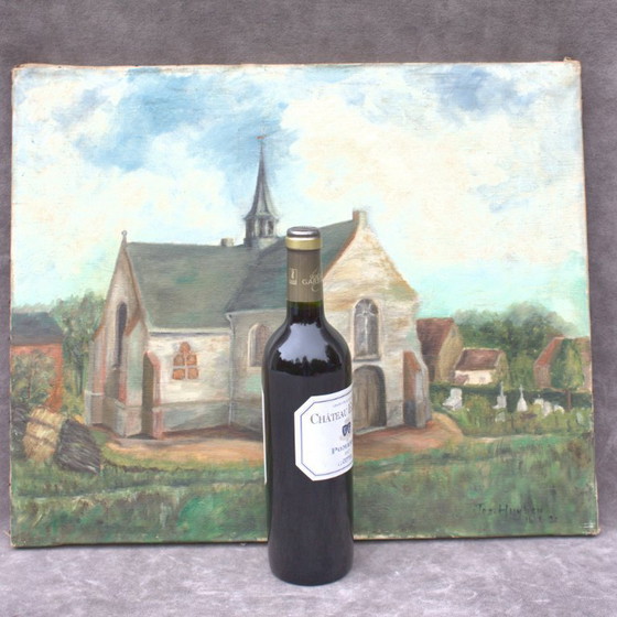 Image 1 of Vintage olieverfschilderij op canvas, gesigneerd, kerk, Europese vondst, landelijk stilleven, gedateerd 1950, wanddecoratie