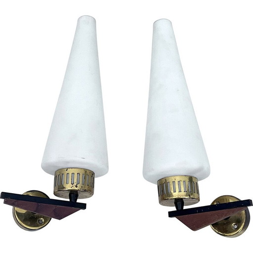 Pair of vintage brass and oplain triplex glass sconces by Stilnovo, Italy 1950