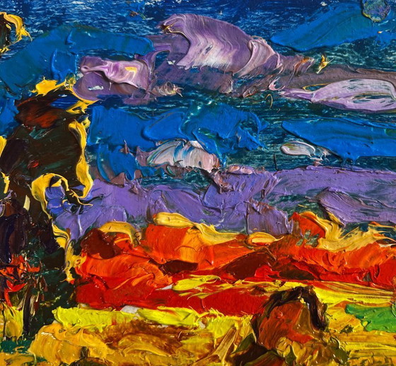 Image 1 of Original Oil Painting Autumn Nature Landscape The sun sets in the field
