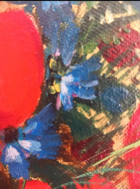 Image 1 of ​Nature morte florale : Bouquet champêtre (Coquelicots et Azurés) - Huile sur toile signée Emy 1980