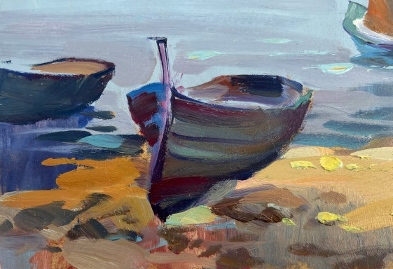Image 1 of Peinture à l'huile originale représentant un paysage urbain fluvial avec des bateaux au clair de lune