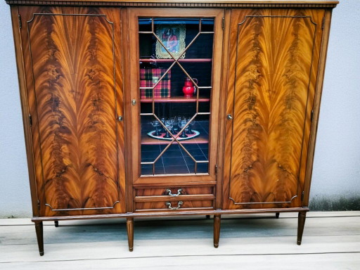 Engelse Mahoniehouten Kast Sheraton Stijl, Highboard Vintage – Edward Rychter, vitrinekasten, Glass, Wood