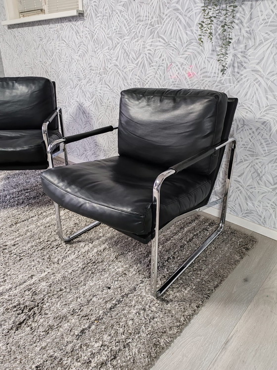 Image 1 of Set of 2 designer armchairs – black leather with chrome frame