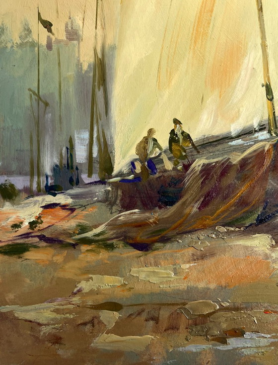 Image 1 of Pintura al óleo original Paisaje urbano al atardecer Atardecer en el muelle