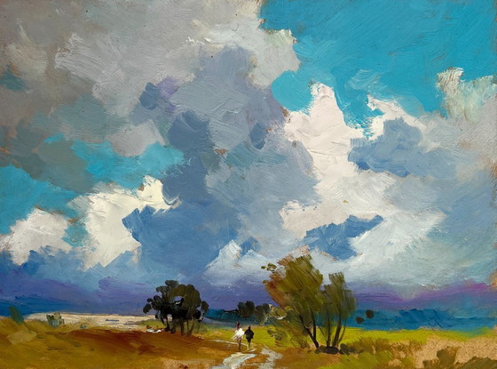 Image 1 of Original Oil Painting Summer Field Landscape Walking through a summer field