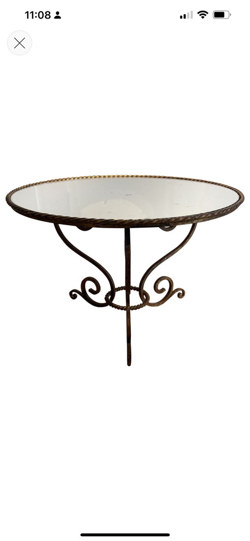 Tavolino da caffè dorato con piano in specchio di vetro antico