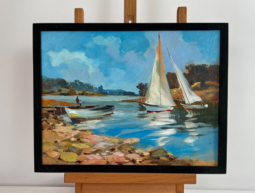 Original Oil Painting River Boats Landscape Sailing on a yacht