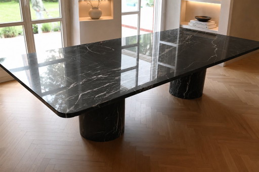 Solid Rectangular Marble Dining Table – Natural Stone Table with 2 Cylindrical Legs – Modern Dining Table, Handmade Custom