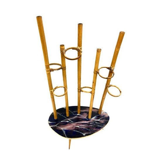 Image 1 of Mid-Century Modern Plant Stand – Europe, 1960s-1970s, Bamboo & Artistic Resin Tabletop