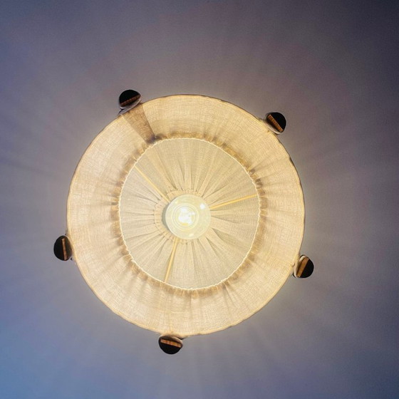 Image 1 of Nautical style Scandinavian wood and linen lampshade hanging lamp vintage