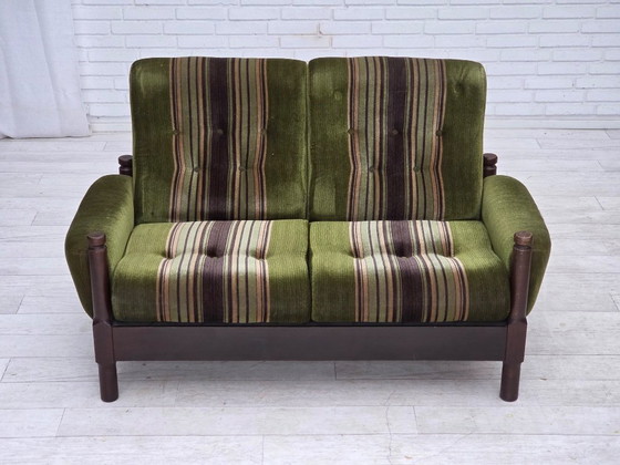 Image 1 of 1970s, Scandinavian 2-seater sofa, green furniture velour, beech wood.