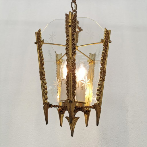 Lampada a lanterna francese in ottone vintage, lampada a sospensione, lampada con catena
