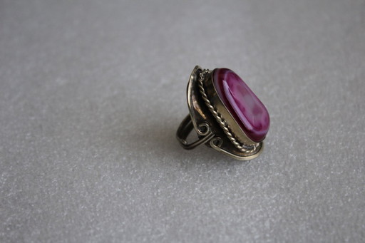 Bague statement en argent alpaga avec une grande pierre semi-précieuse violette, faite main, taille ajustable