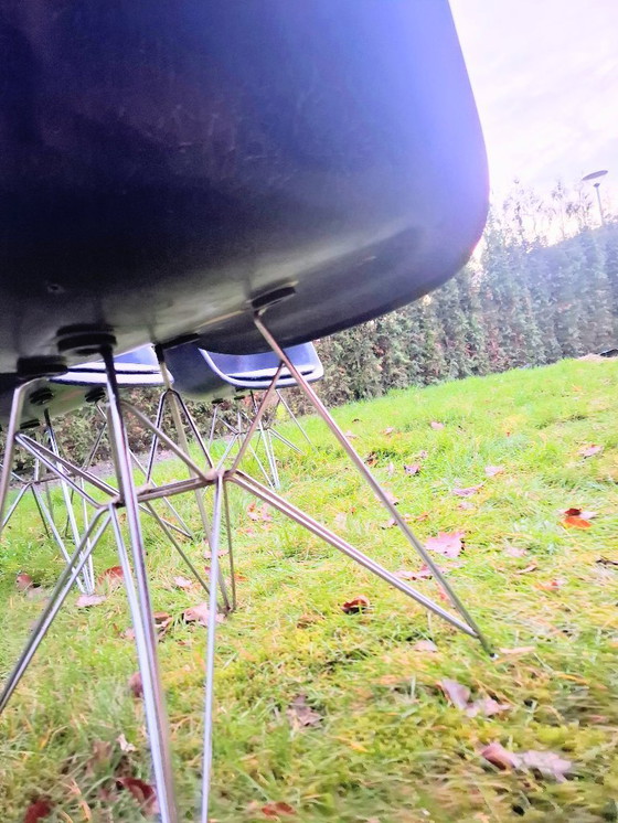 Image 1 of iconic Charles & Ray Eames, Herman Miller, authentic Fiberglass dark blue Shell Chairs, with "Eiffel" base
