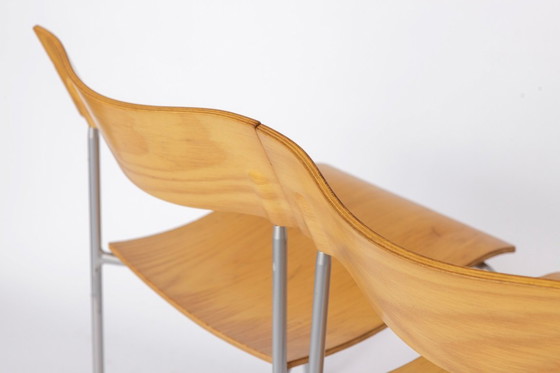 Image 1 of Set of 6 Lammhults Campus Stacking Chairs, Swedish Mid Century Chairs 1970s, Metal & Beech Plywood Dining Chairs